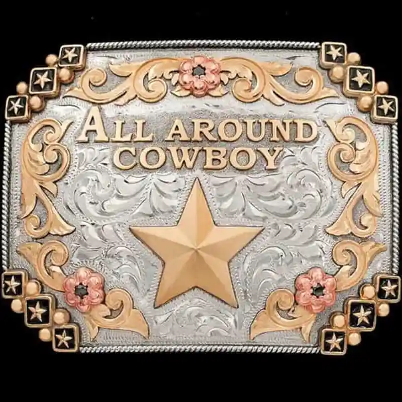 This western buckle pays homage to the versatility and prowess of the all-around cowboy. Make a statement with this symbol of Western heritage. Order now!